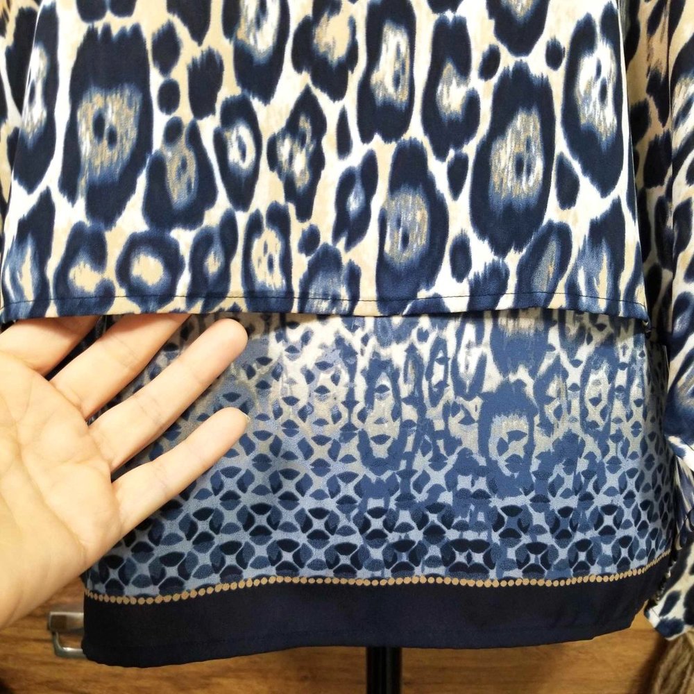 Top, Blouse. Blue, Tan, White, Animal Print. Chico's Brand. Size 0. - Picture 5 of 14